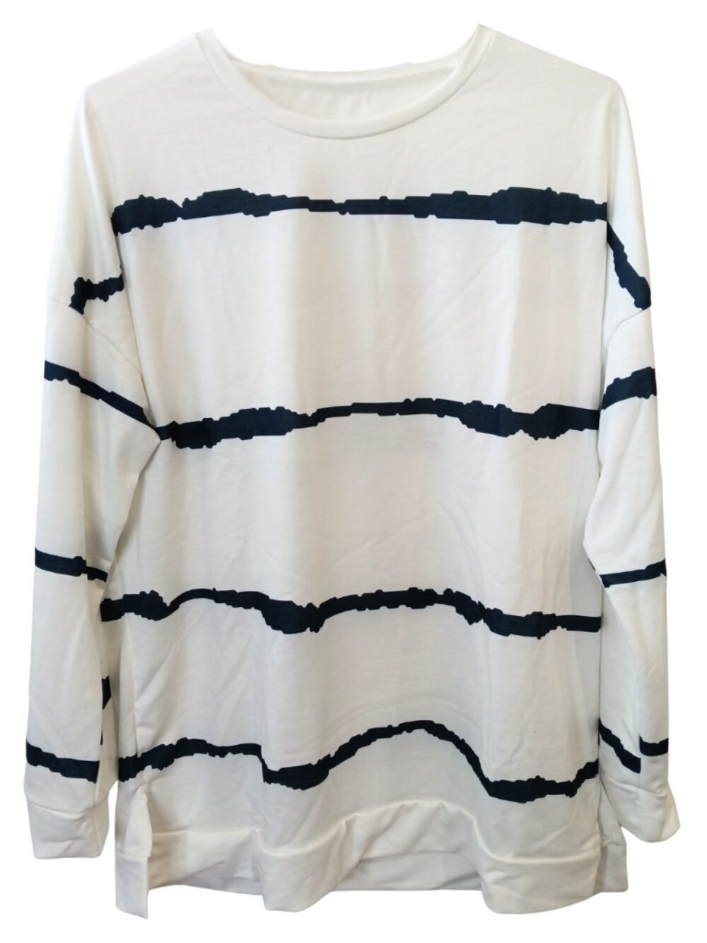Women's White & Navy* Grunge Striped Crewneck Pullover Sweatshirt Tunic Length